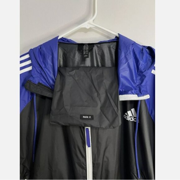 Adidas Women's Hooded Windbreaker Packable Jacket Sz XL Black Blue White Stripes - Picture 5 of 7